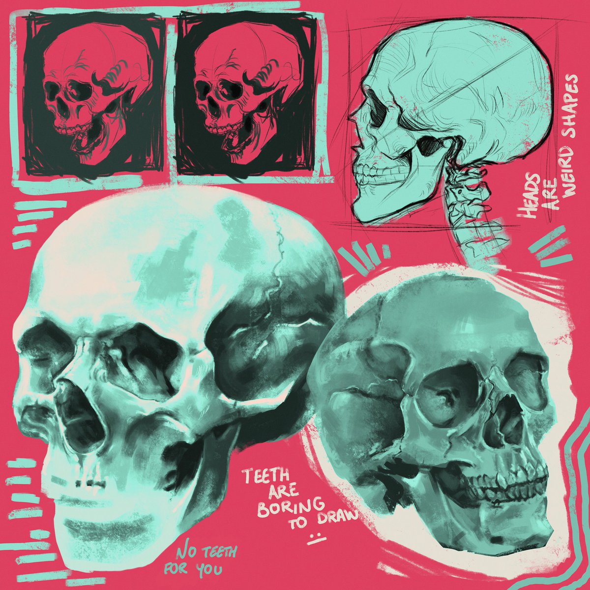 tsumublob's tweet photo. Skulls!
very much not me learning about colour but i just think i draw heads weird sometimes and wanted to do some studies :p https://t.co/xqnxRcfcyK