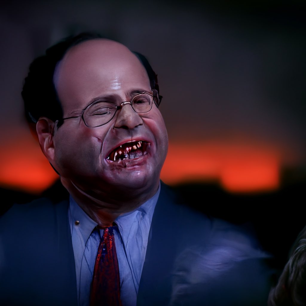 Smiling George Costanza wakes up shocked to learn he's the next President of the United States, horror, sharp teeth, highly detailed, backlit, cinematic, 16:9, high resolution <a href="/midjourney/">Midjourney</a> #midjourney #GeorgeCostanza