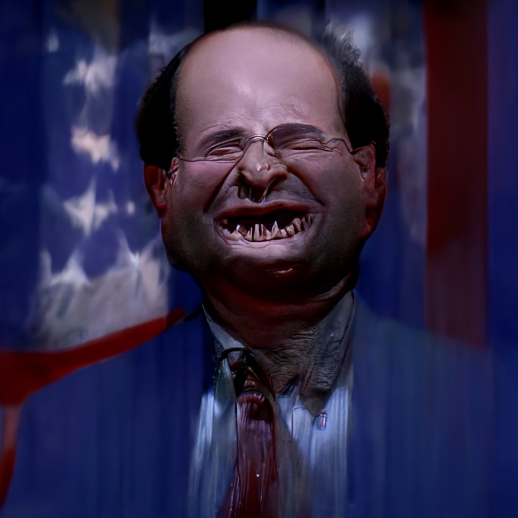 nchlswss's tweet photo. Smiling George Costanza wakes up shocked to learn he's the next President of the United States, horror, sharp teeth, highly detailed, backlit, cinematic, 16:9, high resolution @midjourney #midjourney #GeorgeCostanza https://t.co/Uc1tr7nA3D