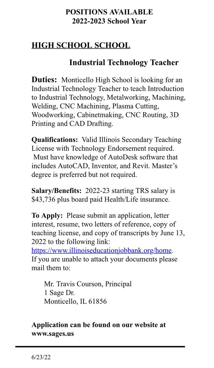 MonticelloSUPT's tweet photo. Great opportunity to work in Monticello Schools! Come join a great team at MHS! #gosages #bestisthestandard https://t.co/n0M8u8TrbW