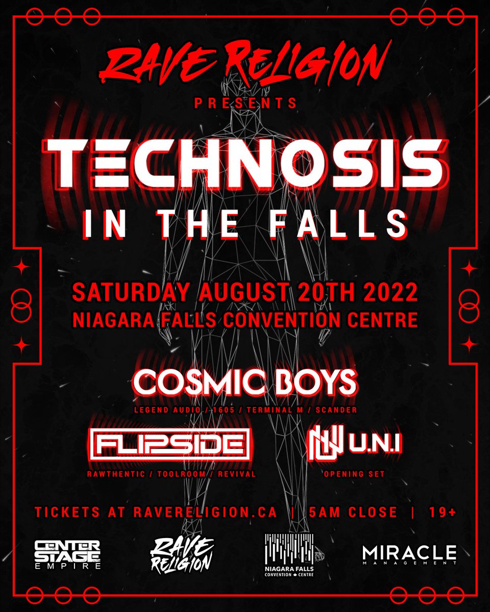 💥 @ravereligion_ca is excited to bring electronic music to Niagara! Join us for our first official event ✨ TECHNOSIS IN THE FALLS ✨ at the Niagara Falls Convention Centre on August 20th! Featuring @CosmicBoysArt + @MCFlipside 5AM CLOSE!🕺💃 TICKETS @ RAVERELIGION.CA