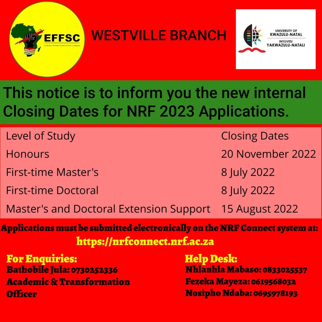 ♦️Attention Students♦️

This notice is to inform you the new internal closing dates for NRF 2023 applications

For any enquiries please liaise with the academic office Bathobile MaMbotho  or the help desk committee mentioned on the poster 

❤💚🖤
