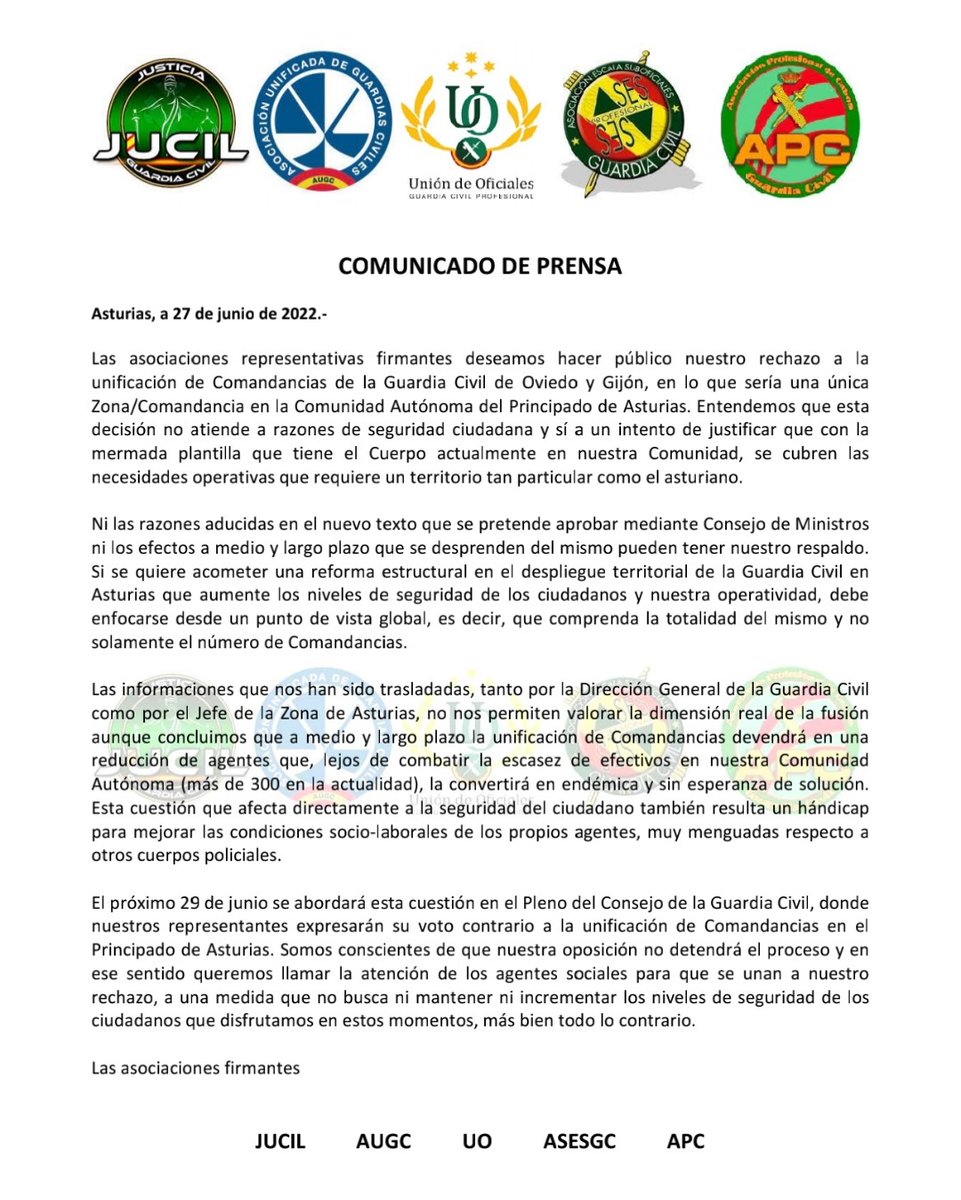 apc_gijon's tweet photo. Comunicado de prensa de @jucilnacional @AUGC_Comunica @UnionOficiales @ASESGC y @apcabos Rechazamos la unificación de Comandancias de las Guardia Civil de Oviedo y Gijón.

Asturias, a 27 de junio de 2022 https://t.co/rbOSee87hm