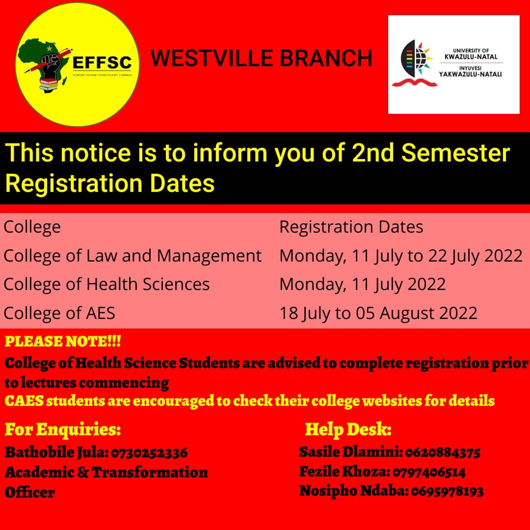 ♦️Important Notice♦️

Fellow Students, below is a notice to inform you on 2nd Semester Registration Dates according to each College

For any Enquiries please liaise with the academic officer Bathobile MaMbotho  or the help desk committee mentioned on the poster

❤💚🖤
Eyabafundi