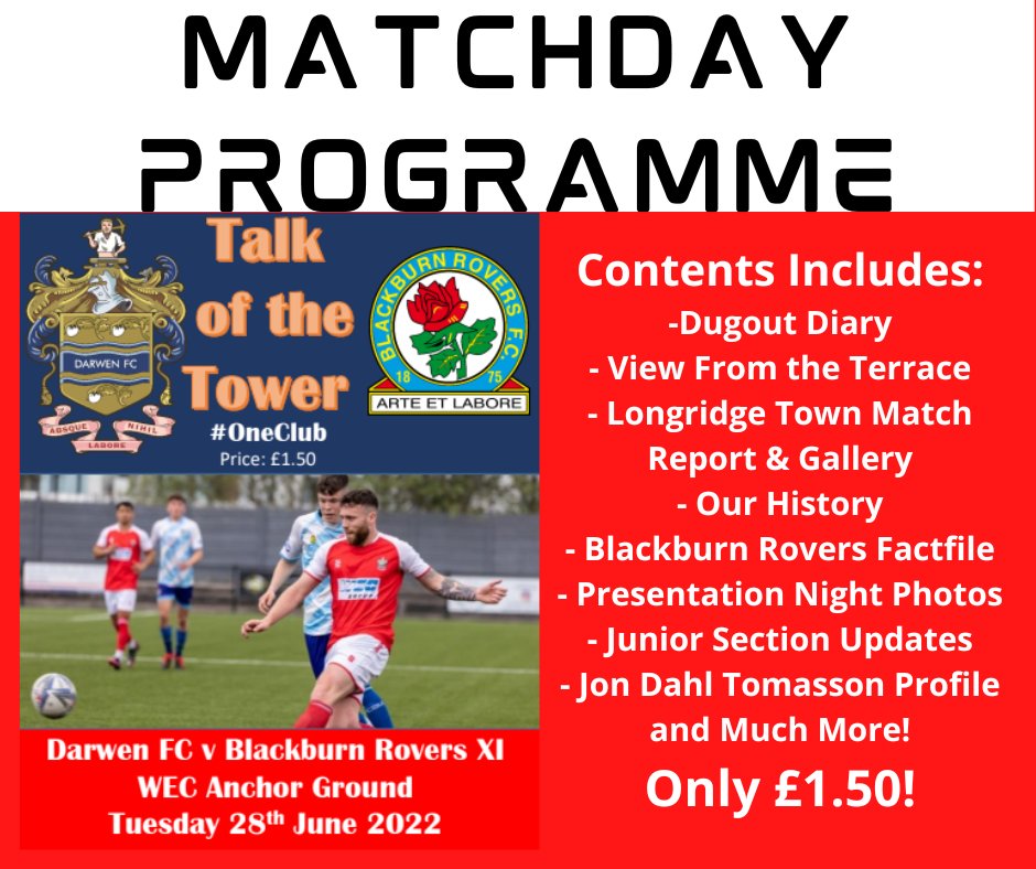 DarwenFC's tweet photo. ▶️ MATCHDAY PROGRAMME

Tomorrow 'Talk of the Tower' returns for our friendly against a @Rovers XI (Kick Off: 7:45)

Plenty of Great articles and content for your Matchday experience.

Programmes will be on the Turnstile at Only £1.50 each!

#OneClub #ANewDawn 🇦🇹 https://t.co/bwEmb3vhmH