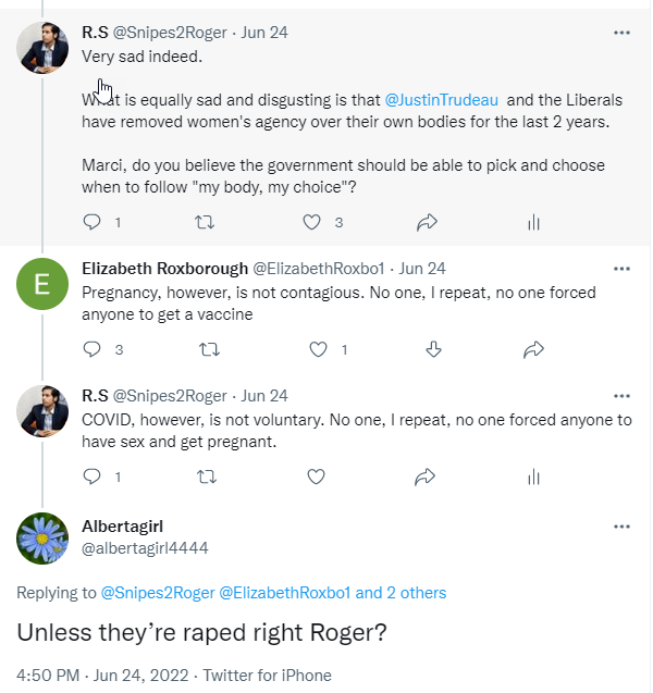 Snipes2Roger's tweet photo. @albertagirl4444 No - you didn't 

And here is the context to prove that. 

@Albertagirl4444 is the Canadian Amy Coney Barrett - a woman who believes that other women should be coerced when it comes to bodily autonomy. 

fuck off scumbag. 

Take the L. https://t.co/E4Lx1hDkME