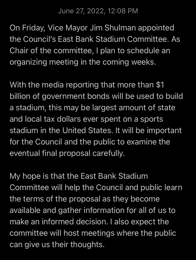 mendesbob's tweet photo. On Friday, Vice Mayor Jim Shulman appointed the Metro Council’s East Bank Stadium Committee. As Chair of the committee, I plan to schedule an organizing meeting in the coming weeks. 

Here’s a brief statement about I hope the committee can accomplish. https://t.co/eqgthS354z