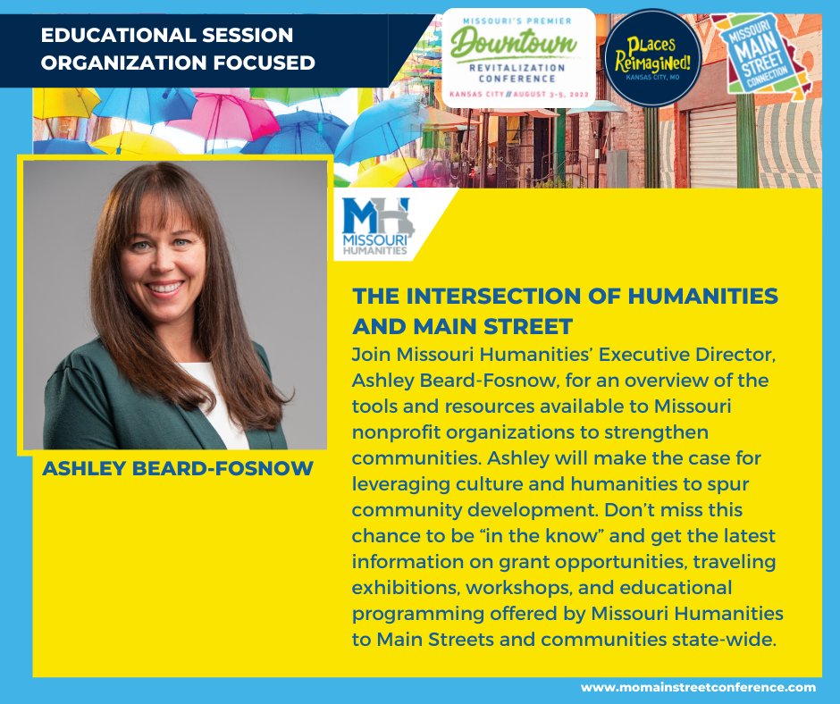 Be “in the know” about leveraging your community's culture and humanities by attending an organization-focused session led by Ashley Beard-Fosnow (<a href="/MoHumanities/">Missouri Humanities</a>). Check out the details for the 20 sessions at this year’s conference at Momainstreetconference.com