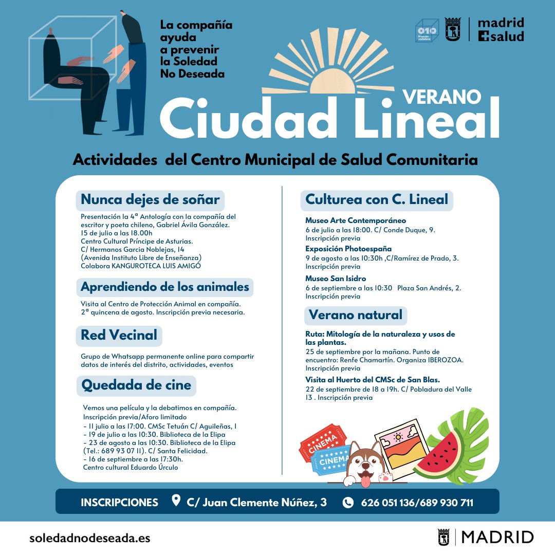 JMDCiudadLineal's tweet photo. 📢Para prevenir la #SoledadnoDeseada, participa en las actividades que este verano organiza @madridsalud a través del Centro de Salud Comunitaria de #CiudadLineal. 

📍Te esperamos en la Plaza de Agustín González, 1. 

¡Únete! 👇 https://t.co/ndiYQTuNCI