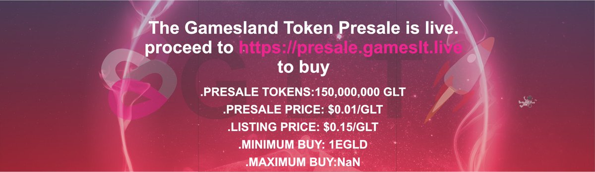 The GamesLand Token presale is Ongoing. Proceed to presale.gameslt.live to buy. ✨⚡️

#elrond #elrondtech #elrondcommunity #Glt #presale