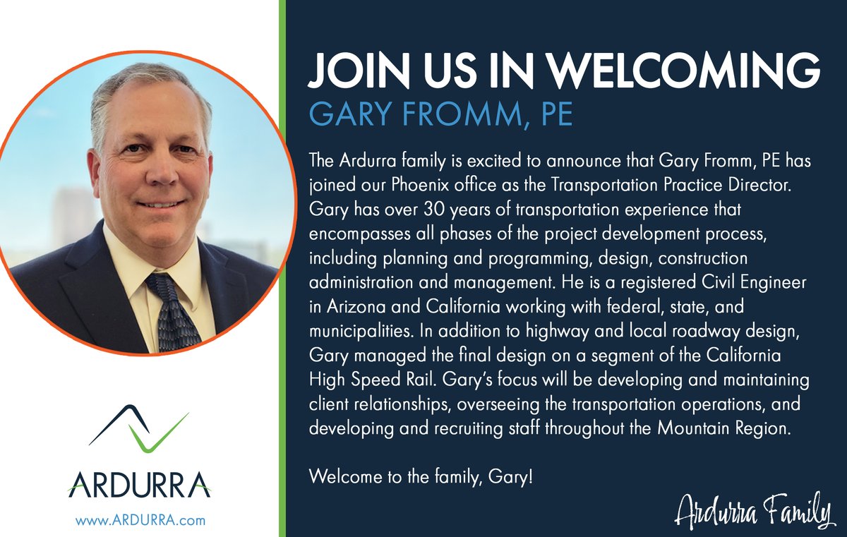 ardurra's tweet photo. Ardurra is excited to announce that Gary Fromm, PE has joined our Phoenix office as the Transportation Practice Director. Gary has over 30 years of transportation experience from project development, to design, and even construction administration and management. Welcome Gary! https://t.co/lgdXVKjUsa