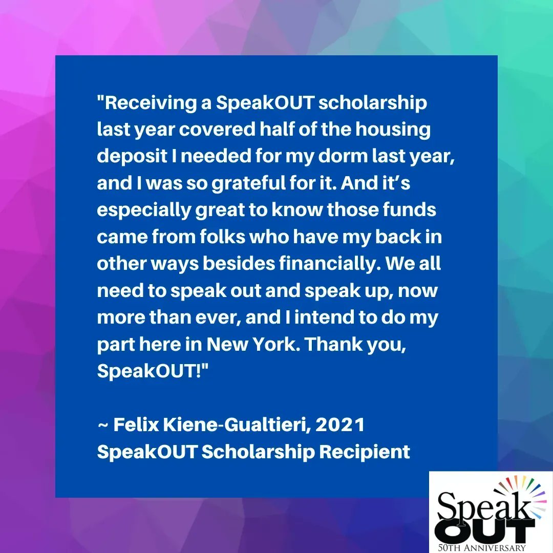SpeakOUTBoston's tweet photo. Our scholarships may be small, but they can help to take the edge off the financial burden that all students are dealing with. If we can grow the scholarship program we would love to provide even more support for LGBTQ+ students! #SpeakOUTDay https://t.co/qhKBWTtuAb