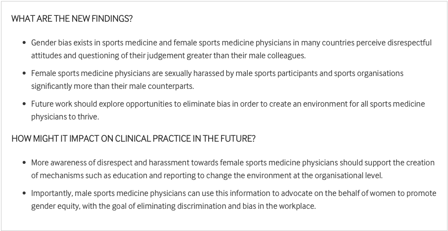 🚨NEW #OriginalResearch 📄

⚠️ Gender Bias in Sports Medicine

🔍 Investigating experiences of disrespectful attitudes and questioning of judgment 

Survey involves 1193 participants from 51 countries 🌍

READ ➡️ bit.ly/3OHt389