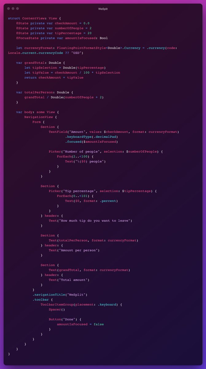 MNihoj's tweet photo. Day 18 of #100DaysOfSwiftUI 

Final stint of the WeSplit App, recapping what I've learned the past 2 days learning the concepts and creating the app. A few challenges was also presented which in some parts lead to reduced the code repetition with the added property currencyFormat https://t.co/MmvLnclBB1