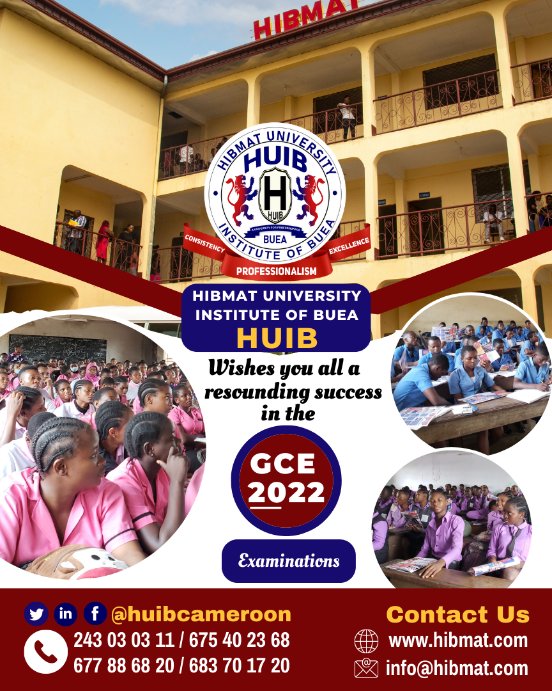HuibCameroon's tweet photo. Goodluck to all our GCE candidates!
As the 2022 GCE examinations kick off tomorrow, HUIB wishes all GCE candidates a resounding success in their exams.
You’ve prepared hard and well for this moment.
Go get it!
At HUIB, we believe in 100% success.
#GCE2022 #HUIB https://t.co/zj05U3xI7q