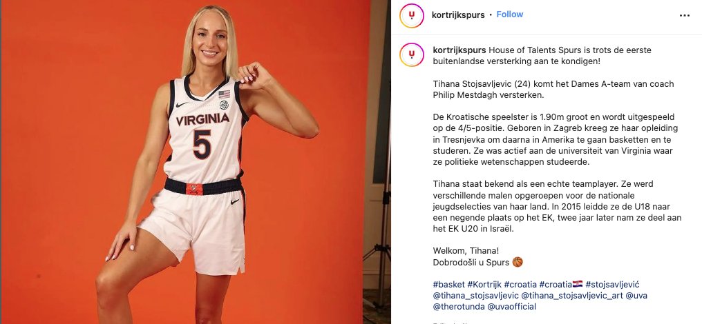 UVAWomensHoops's tweet photo. Congratulations @TihanaS5 who has signed to play for the Kortrijk Spurs' top division women's team in Belgium #GoHoos⚔️ https://t.co/c1xlcuh7ab