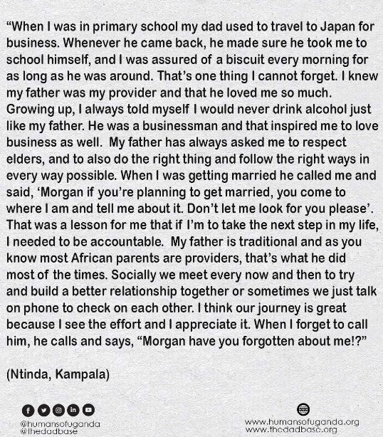humansofuganda's tweet photo. "When I was in primary school my dad used to travel to Japan for business. Whenever he came back, he made sure he took me to school himself, and I was assured of a biscuit every morning..." #HOUGxTheDadBase #TheDadBase #HOUGxMyFatherStories #HOUg #HumansOfUganda https://t.co/WHMgy7Aycg