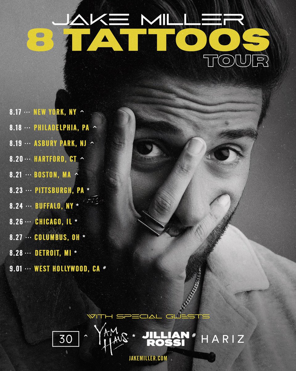 jakemiller's tweet photo. THE 8 TATTOOS TOUR 🚌🎫 Tickets on sale Wednesday at https://t.co/BAuQmP5g7V! PS: I may or may not be bringing my personal tattoo artist on the road to do lyric tats in the venue before the shows 😳 Stay tuned https://t.co/YZDFAQDTA4