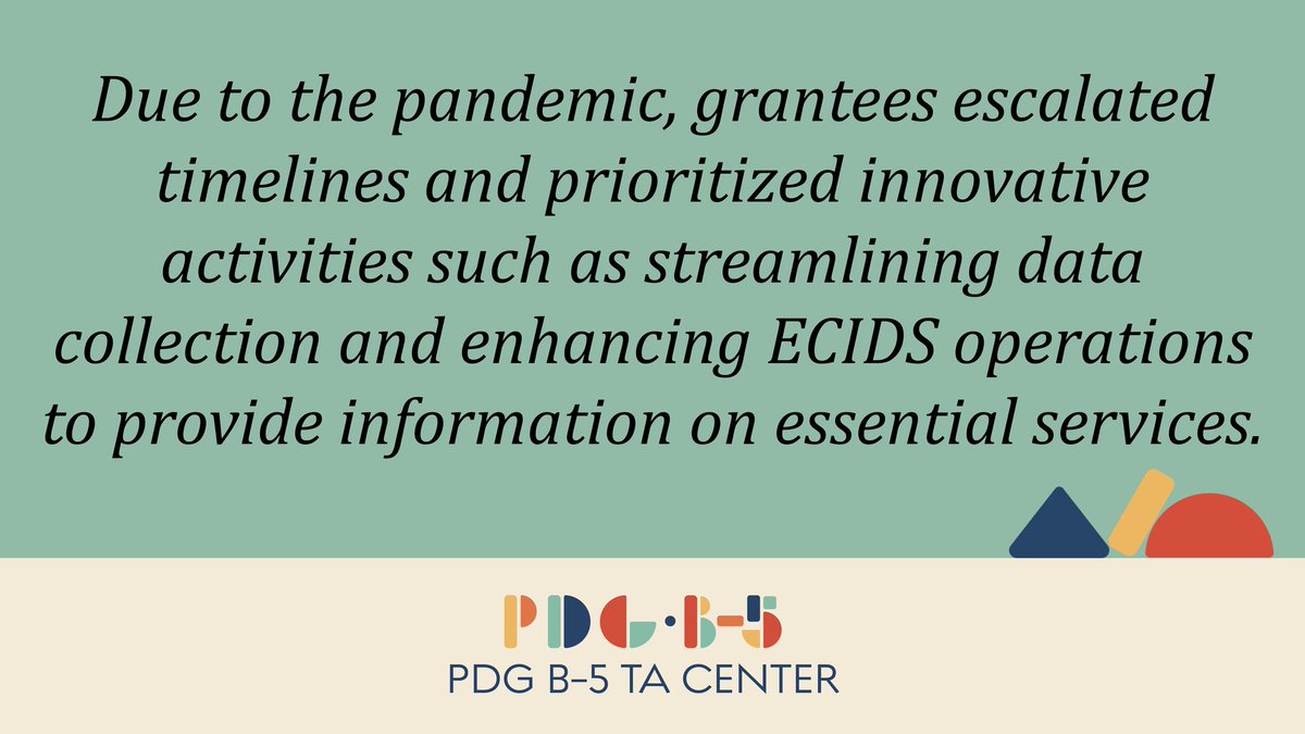 SRI_Education's tweet photo. What happened to the #ECIDS efforts during the pandemic? According to a report by @PDGB5Center, “grantees escalated timelines and prioritized innovative activities such as streamlining data collection and enhancing ECIDS operations to provide information on essential services.” https://t.co/rExeDcKLTJ