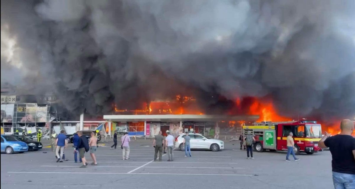 poroshenko's tweet photo. To kill, to destroy all the living, everything that makes a person human is a horrible, distorted logic of a terrorist. Footage of a missile strike at Kremenchuk shopping center shocked the whole world. #RussiaIsATerroristState #Kremenchuk https://t.co/8fx0Rh6jp2