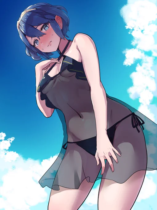 水着な仮面マルスさん(?)とその中身の人さん絵完成。4年前の水着絵ですが、その後本当に実装されたので、今回は完全ではないですが、それにイメージを合わせたデザインにしました。 