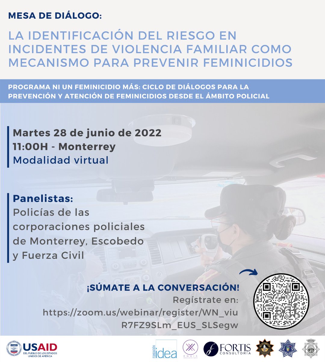 FundacionIDEAMX's tweet photo. ¡No te pierdas mañana la Mesa de diálogo sobre la importancia de identificar el riesgo en incidentes de violencia familiar como mecanismo para prevenir feminicidios! Participarán policías de @SSPCMonterrey @sspvescobedo y @FuerzaCivilMX 
Registro: https://t.co/R3rEaLfZmp https://t.co/EUWuyHwgOH