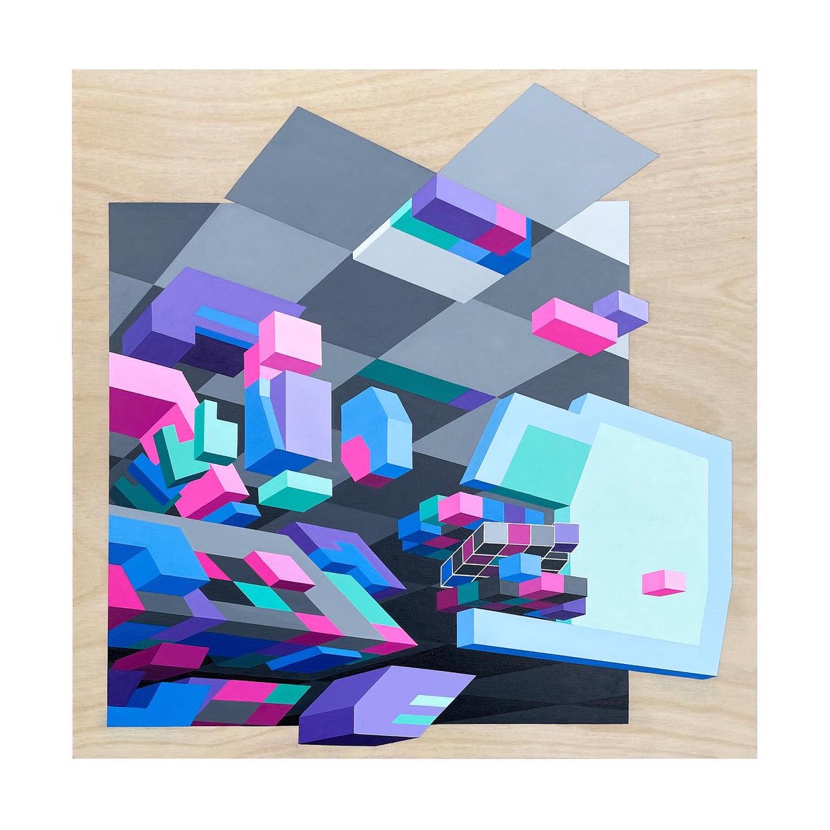 ILLDESART's tweet photo. “https://t.co/neZ6d5wu3I” 16 x 16” in • Acrylic on wood • On view as part of the group exhibition, “Drifting Into The Abstract” at Ryan Joseph Gallery • Opening 7/16 • Denver, CO #abstractart #graffuturism #painting #art #geometric #file https://t.co/ROXUw9AQN6