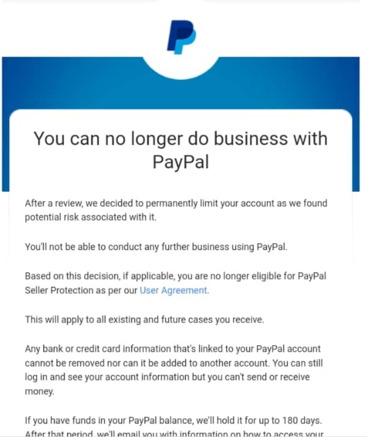 PaypalTakedown's tweet photo. #paypaltakedown #stopusingpaypal #paypal
EXPERIENCE OF A USER - PART 43

"You can no longer do business with PayPal"
Permanently limited account with only $ 357 and no valid reason!
It is better to change the PayPal name to PopiPopi = 🤡 https://t.co/DFq50tAL13