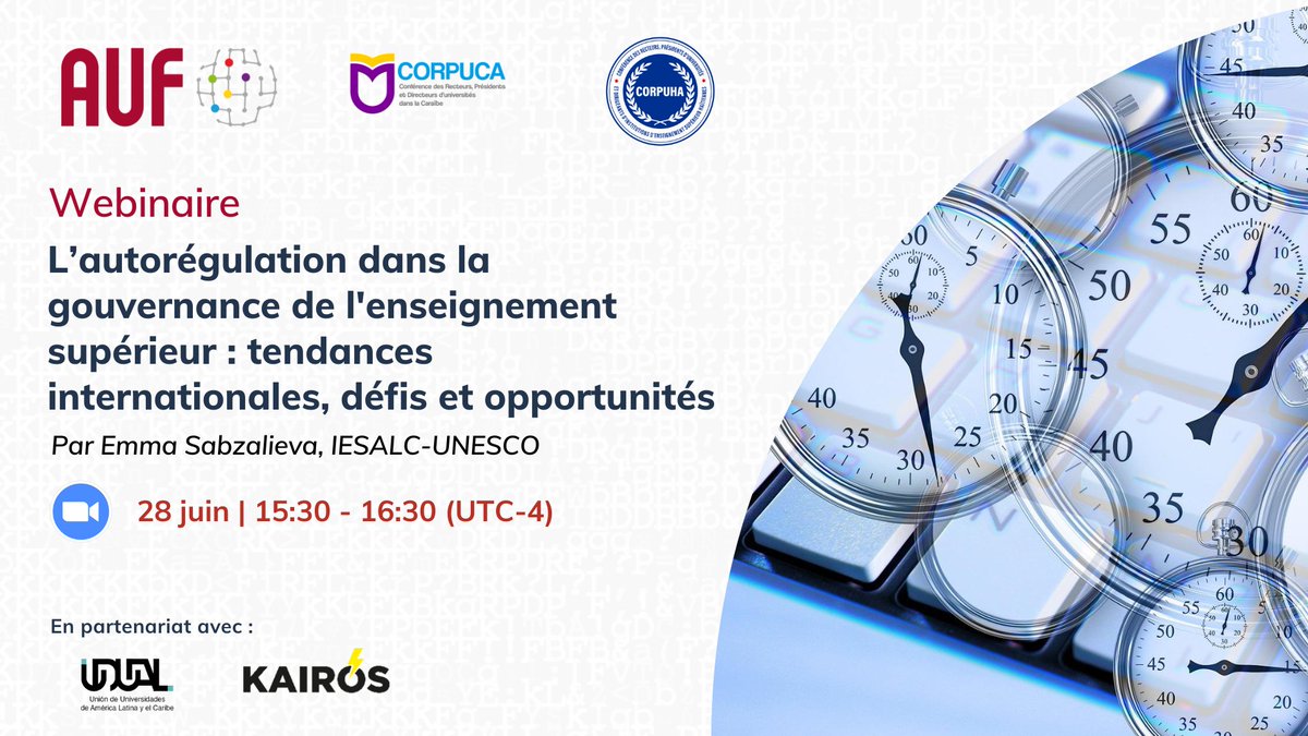 AUF_Caraibe's tweet photo. 👉🏿Atelier en ligne: Assurance Qualité et Gouvernance universitaire. Webinaire sur l'autorégulation dans la gouvernance de l'enseignement supérieur...
Voici le lien zoom: https://t.co/yXPxTLKc6g
#Corpuha, #Corpuca, #Kairos, #UDUAL #EmmaSabzalieva
Saulo Neiva https://t.co/snfbkLVOha