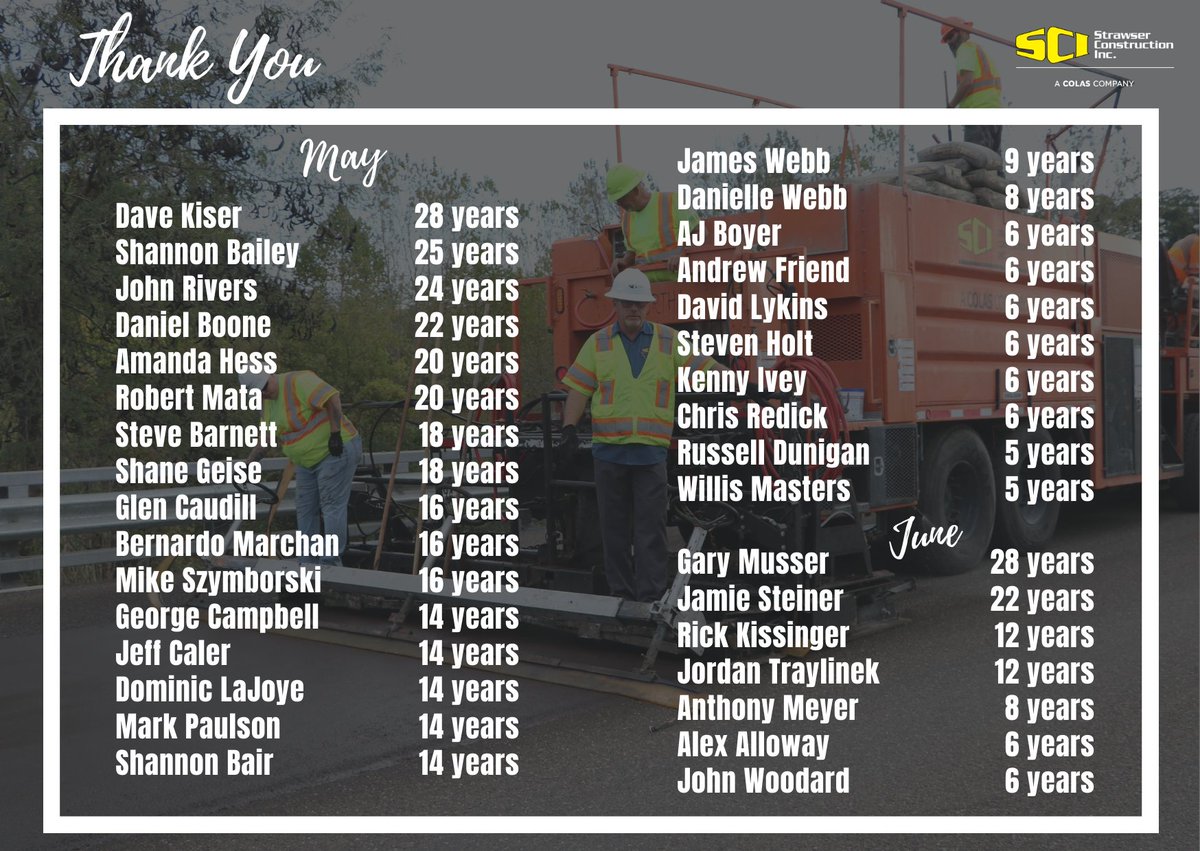 Strawser_Inc's tweet photo. Shout out to ALL of our May and June employees hitting 5+ year service dates. We appreciate every single one of you. Congrats on hitting these milestones! #ThankYou #EmployeeAppreciation https://t.co/32QKFUlJih