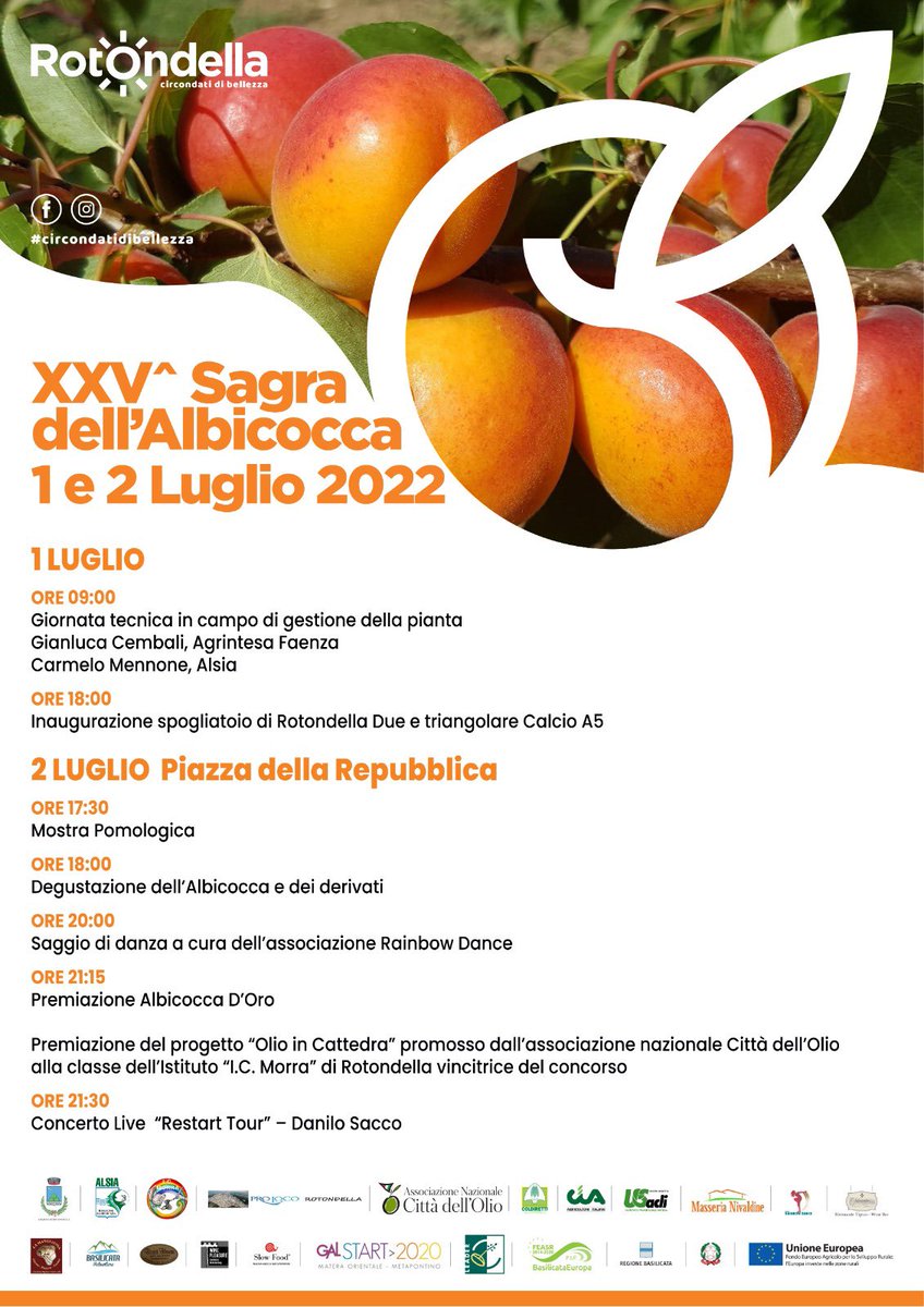 PDimatteo8's tweet photo. 🍑🍑XXV° SAGRA DELL'ALBICOCCA 🍑🍑

👉1 e 2 luglio 2022👈 

#Rotondella
#circondatidibellezza #terradellealbicocche
#ilbalconedelloionio

leggi il programma 👇👇👇 https://t.co/n8LoIDr2JA