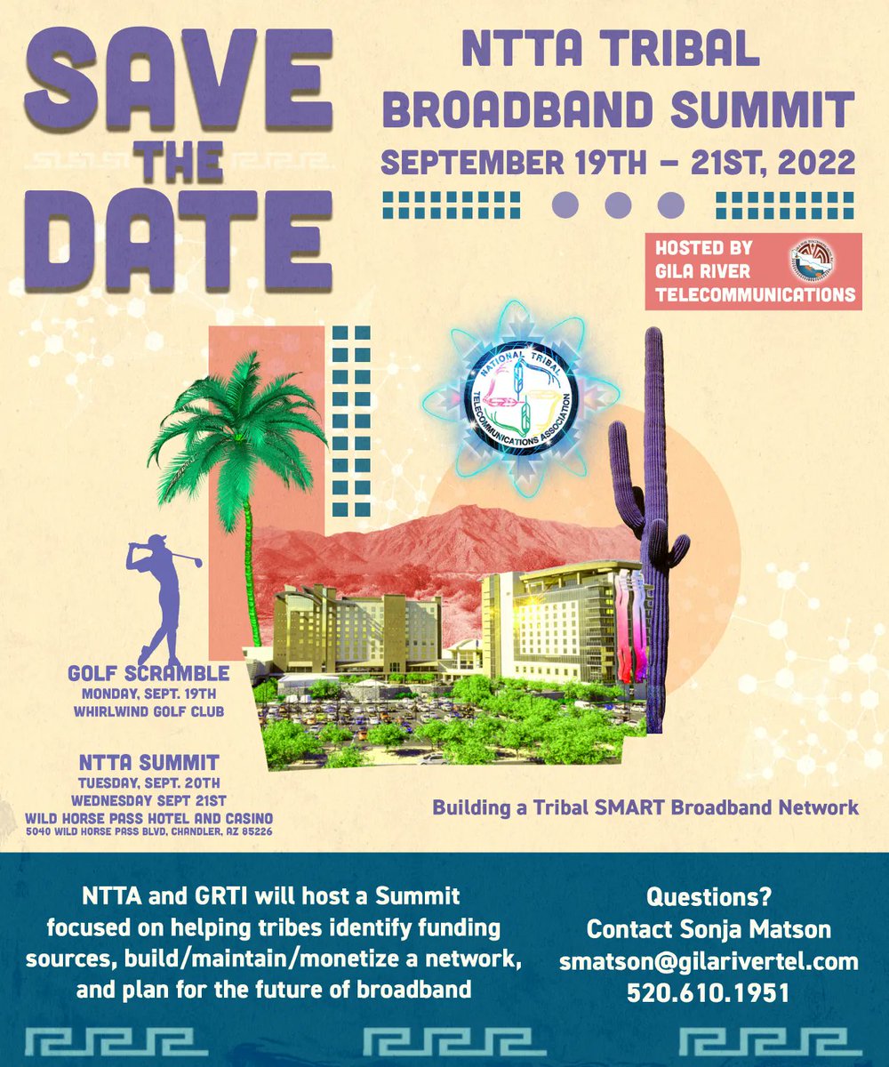 alluvioncom's tweet photo. On September 19th - 21st, the NTTA and @GilaRiverTelco will host a summit focused on helping tribes identify funding sources, build/maintain/monetize a network, and plan for the future of broadband. Join us at the Wild Horse Pass Hotel and Casino to take part in this great event! https://t.co/F9yhqDE0Uj
