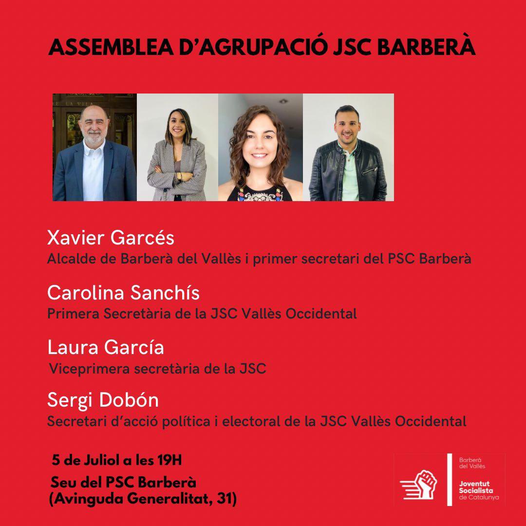 😍 La <a href="/jscbarbera/">JSC Barberà</a> tindrà nova executiva! 

✊🏻 Seguim desplegant el projecte socialista juvenil a la comarca! 

Us esperem el proper dimarts, 5 de Juliol a les 19h a l’agrupació del <a href="/pscbarbera/">PSC Barberà</a>, (Avda Generalitat, 31) amb <a href="/carol_sanchis/">carolinasanchis</a> <a href="/xaviergarcesbdv/">Xavier Garcés</a> <a href="/lauragmanota/">Laura García Manota</a> <a href="/sergidobon/">Sergi Dobón</a>