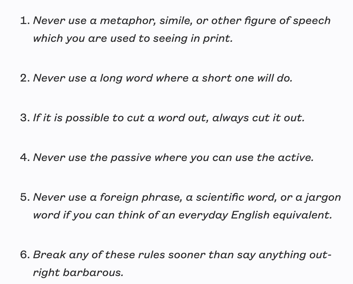 USM_Writing's tweet photo. Happy belated birthday (6/25) to George Orwell, who offered six core rules for writing in “Politics and the English Language” (1946). https://t.co/vINJpOIzqh