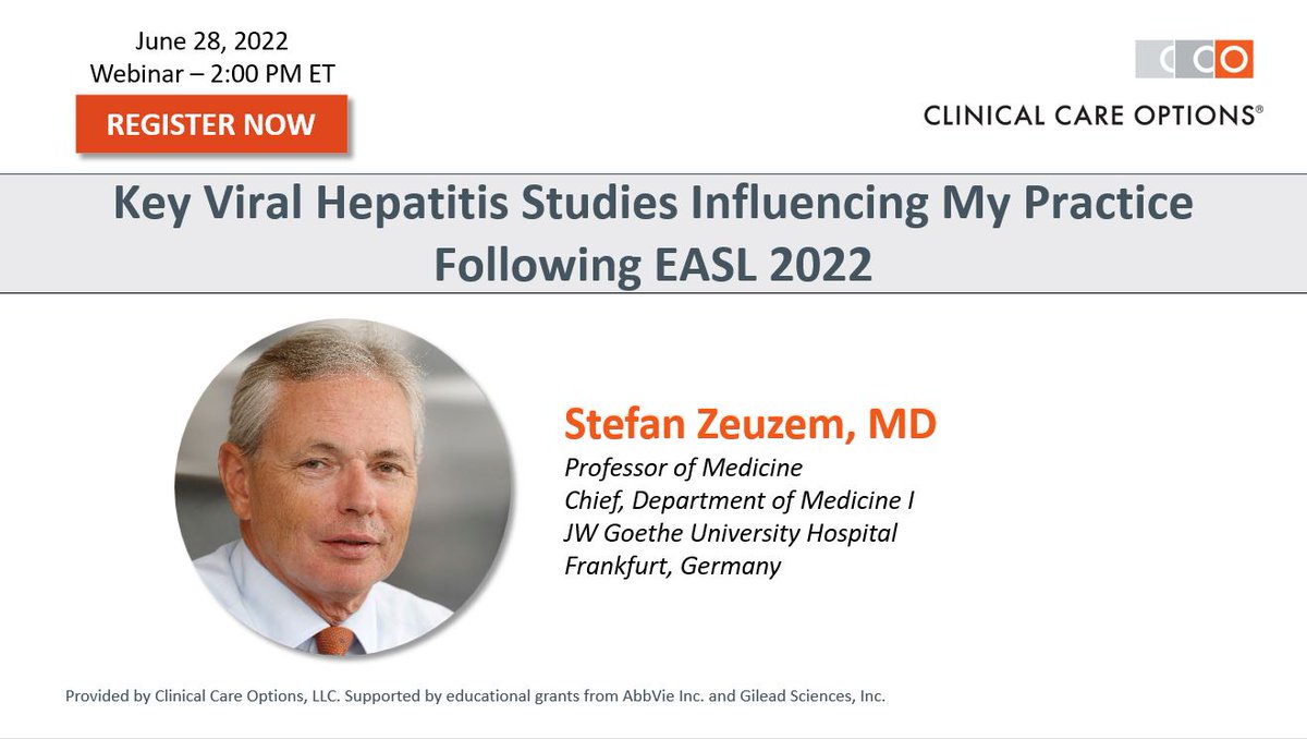 Don't miss this #webinar tomorrow, June 28th, as Prof.
Stefan Zeuzem provides rapid updates on current #HBV
management, #HCV treatment and implementation,
evolving #HDV data, and HBV cure from #ILC2022.
REGISTER NOW➡️bit.ly/3Oj1278 
#LiverTwitter #IDTwitter #TwitterRx