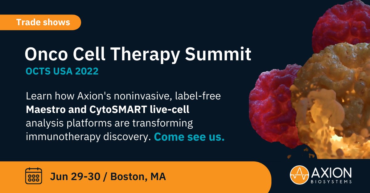 axionbio1's tweet photo. Join us at the Onco Cell Therapy Series June 29th-30th to learn how Axion’s noninvasive, label-free Maestro and @CytoSMART live-cell analysis platforms are transforming #immunotherapy discovery! 
@kr_octs https://t.co/OIesY6JIKL