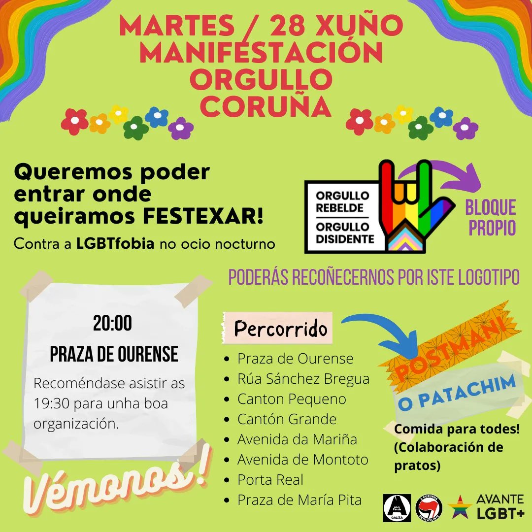 OCorunha's tweet photo. Por fin chega o día! O dia onde todes debemos ser escoitades. 🤘🏳️‍🌈

O 28 de Xuño teremos un bloque propio do OROD, do orgullo crítico da cidade la Coruña. 

Vémonos as 19:30 na praza de Ourense. ¡Buscade os nosos logos! �� https://t.co/B3njAPpNfw