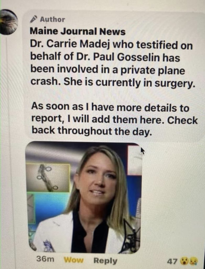 Please pray for Dr. Carrie Madej. She is a holistic Doctor (MD) Who has been speaking out for some time and we’ve done a number of events together and she has just been in a plane crash. This is what our mutual friends are telling us. We will update you as we know more.❤️🙏