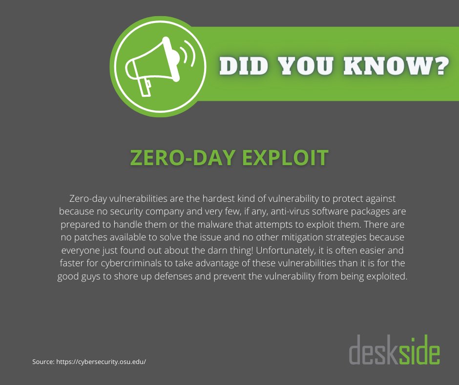 desksidetsp's tweet image. Zero-day exploits are cyber attacks that happen on the same day weakness in software is discovered. Staying on top of these attacks can be difficult and overwhelming, but there are ways you can help protect yourself and your business.
#zerodayexploit #cyberattack #cybersecurity