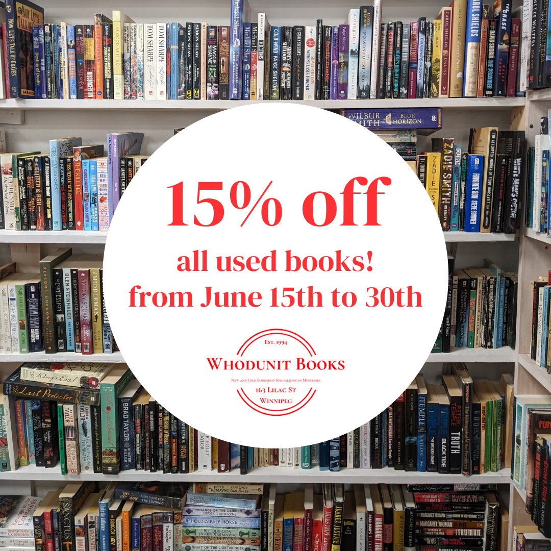 whodunitwpg's tweet photo. This is it! The final week of our 15% off used books sale!

Stop by and check out our collection (and maybe grab a few to bolster your own), you only have until Thursday at 7pm!

#booksale #bookstagram #indiebookstore #shoplocalmb #usedbooks https://t.co/Oznu74MjlV