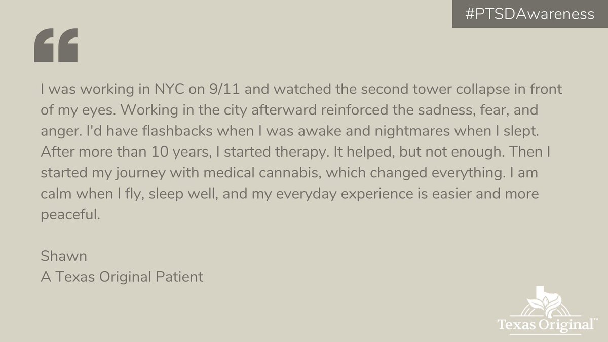 TexasOriginalCC's tweet photo. Shawn witnessed the World Trade Center fall on 9/11 and has lived with #PTSD since. After starting his journey with #medicalcannabis, Shawn feels at peace in his life. Are you or someone you know ready to start a journey to relief? Share or retweet Shawn's story. #PTSDAwareness https://t.co/bOBYods3fN