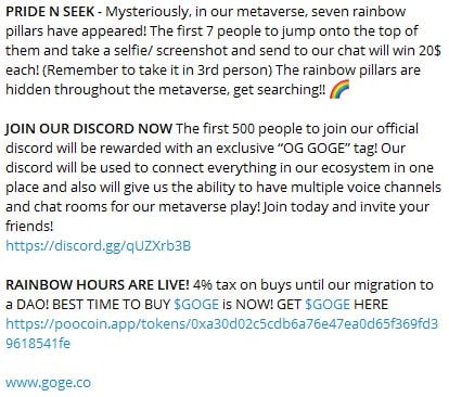 Goge_DAO's tweet photo. LETS GOGE!🏳️‍🌈Happy LGBTQ+ PRIDE Month!🌸 Check out the GOGE NEWS!

✨HIGHLIGHTS⭐️
- GogeDAO whitelist Presale / Migration!
-Gogeland Metaverse LIVE! 
-Pride panel
-Treasure hunts!
-Pride parade
-Pride and seek! 

#Goge #Crypto #PRIDE #PrideMonth #LGBTQ #GogeDAO #Metaverse #BNB https://t.co/TgOPKAdArG