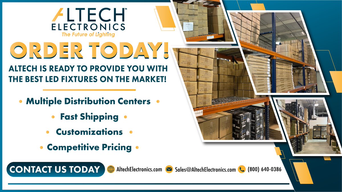 AltechElctrnics's tweet image. Altech is ready serve you from coast to coast! Our California and South Carolina distribution hubs are fully stocked with our most popular fixtures including our Area Lights, Flood Lights, High Bays and more! 

AltechElectronics.com | Sales@AltechElectronics.com | 800-640-0386
