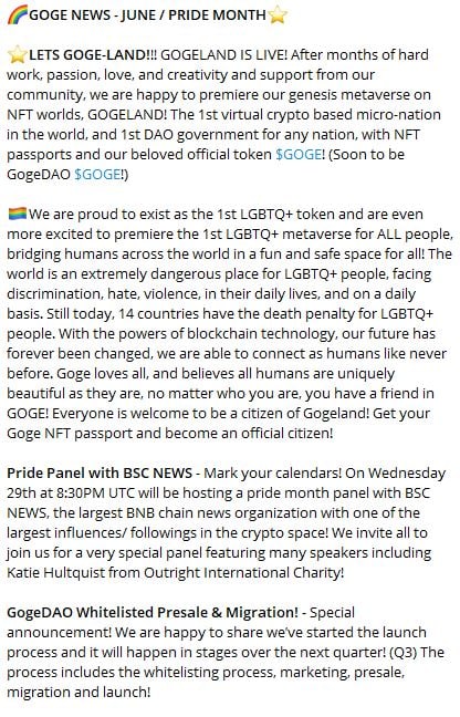 Goge_DAO's tweet photo. LETS GOGE!🏳️‍🌈Happy LGBTQ+ PRIDE Month!🌸 Check out the GOGE NEWS!

✨HIGHLIGHTS⭐️
- GogeDAO whitelist Presale / Migration!
-Gogeland Metaverse LIVE! 
-Pride panel
-Treasure hunts!
-Pride parade
-Pride and seek! 

#Goge #Crypto #PRIDE #PrideMonth #LGBTQ #GogeDAO #Metaverse #BNB https://t.co/TgOPKAdArG
