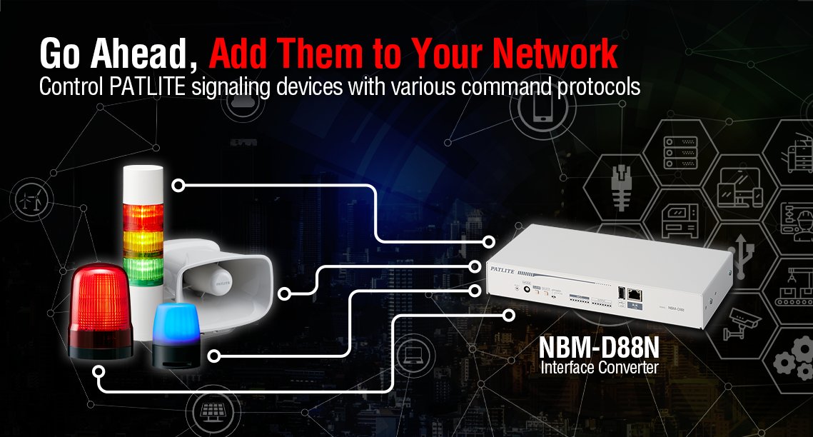 PatliteUSA's tweet photo. PATLITE’s NBM-D88N is an interface converter that allows you to add a variety of PATLITE signaling devices to a network for real-time monitoring and data acquisition. 
https://t.co/qhWqUO8wHB

#PatliteAtWork #network #signaltowers https://t.co/A5orXEeSLl