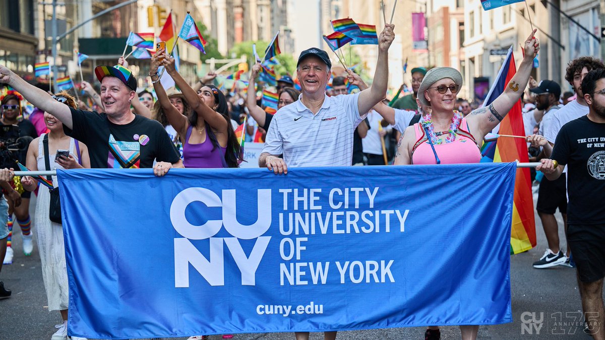 ChancellorCUNY's tweet photo. Loved coming together to march with our LGBTQI+ community at NYC #Pride yesterday! Especially touched by all the parade watchers who shouted out love for their @CUNY colleges along the way. #CUNYPride 🏳️‍🌈 https://t.co/cqECSy0UHD