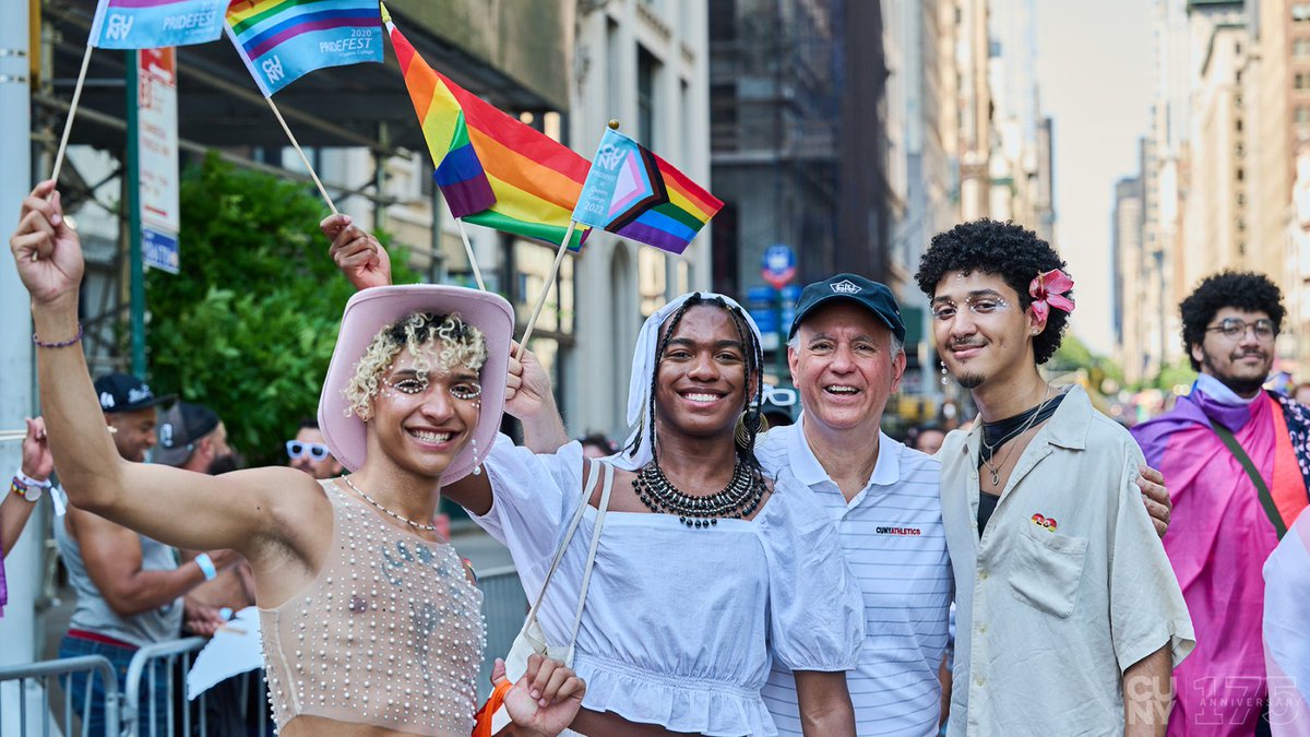 ChancellorCUNY's tweet photo. Loved coming together to march with our LGBTQI+ community at NYC #Pride yesterday! Especially touched by all the parade watchers who shouted out love for their @CUNY colleges along the way. #CUNYPride 🏳️‍🌈 https://t.co/cqECSy0UHD