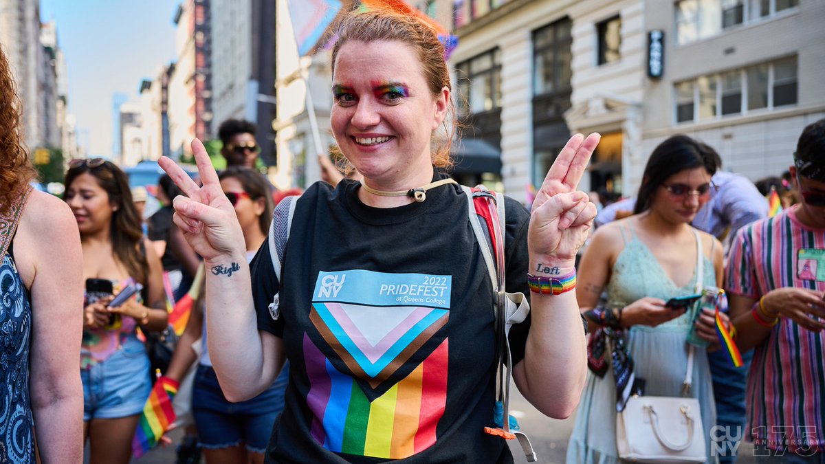 ChancellorCUNY's tweet photo. Loved coming together to march with our LGBTQI+ community at NYC #Pride yesterday! Especially touched by all the parade watchers who shouted out love for their @CUNY colleges along the way. #CUNYPride 🏳️‍🌈 https://t.co/cqECSy0UHD