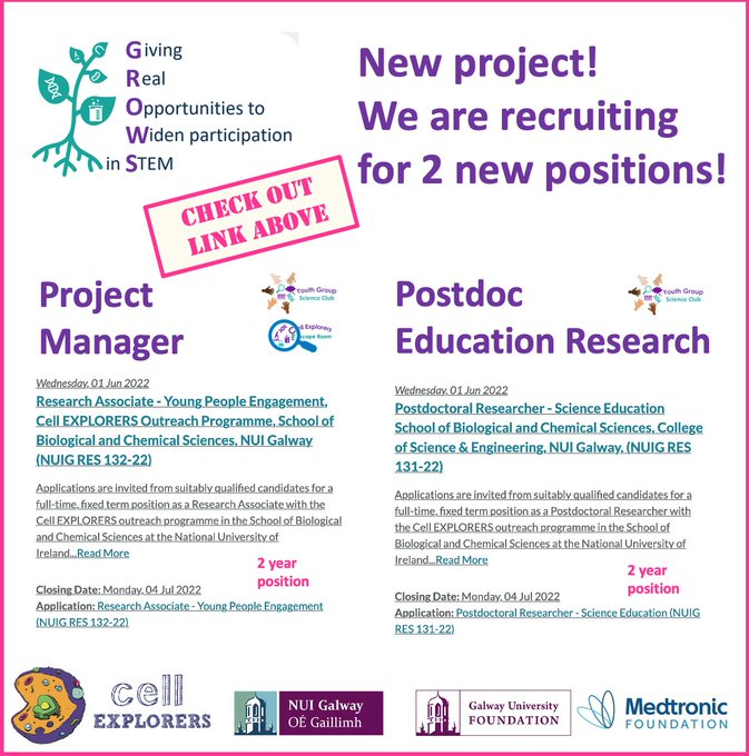 We are recruiting! Two Full Time 2 Year positions have just been advertised to work with our 
@nuigalway team : 1 project manager &amp; 1 postdoc Education researcher! 

Only 6 days left to apply! Please retweet!
#EducationResearch 

All info here: bit.ly/CEJobs2022
#JobFairy