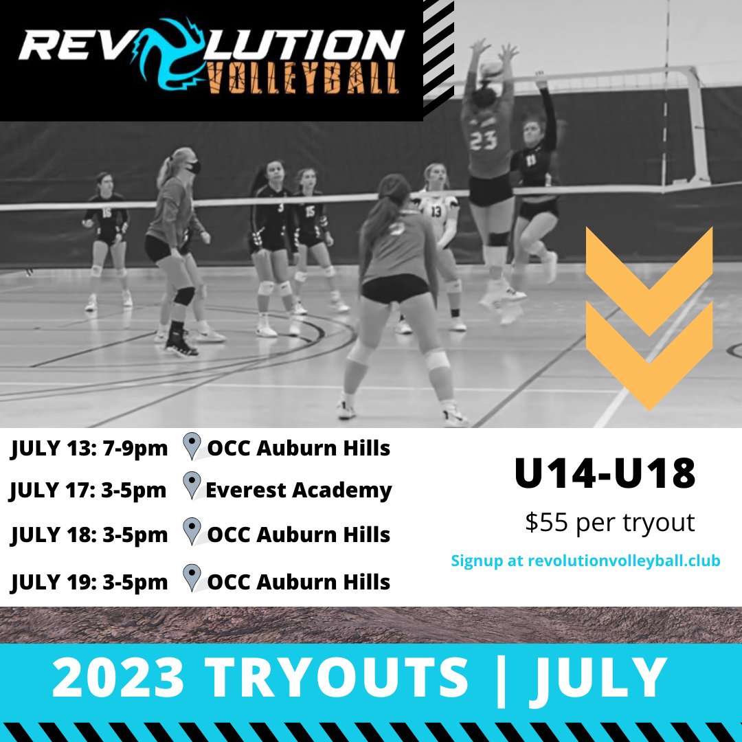 REVOVBALL's tweet photo. 📌 2023 TRYOUT DATES! 
For more details see link in bio.
#revolutionvolleyball #revovball #revitup #jointherevolution #tryouts https://t.co/CfHPcAKn6W